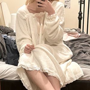 Girls Women White Square Collar Fur Plush Lave Hem Pyjamas Sleeping Home Dress